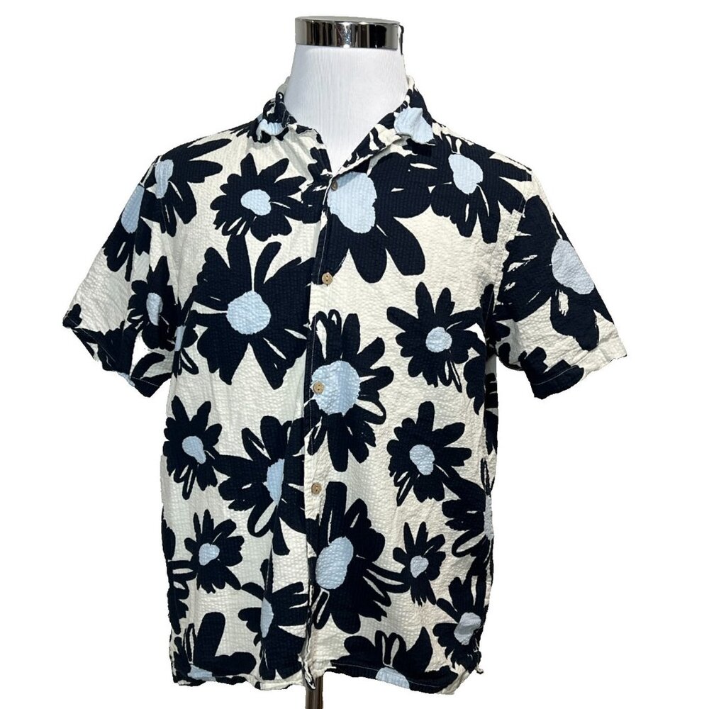Folk Men’s Short-Sleeve Hawaiian Shirt Flowered Patten Casual Black Blue Cream L